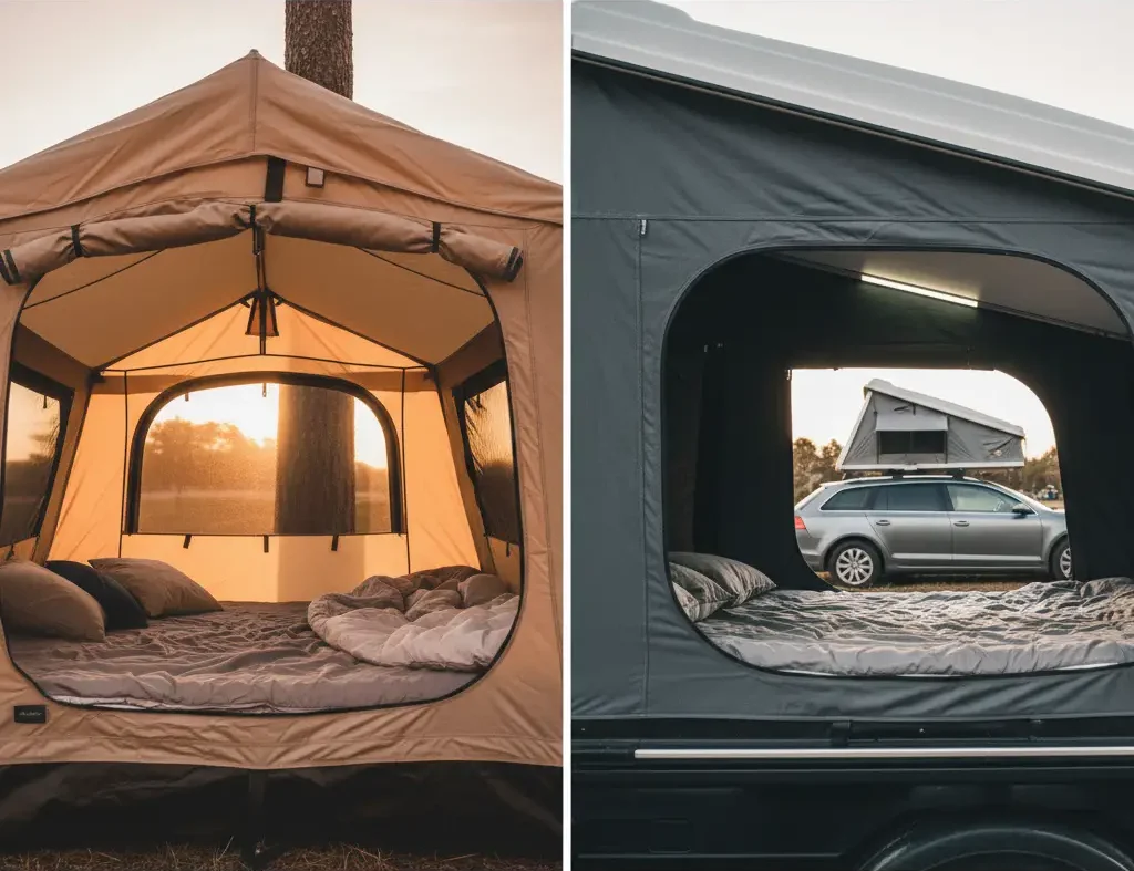 espace intérieur tente de toit souple et rigide